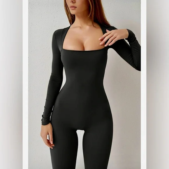 NWT Qinsen Black Square Neck Full Length Catsuit Playsuit Romper Sz S - Picture 4 of 6